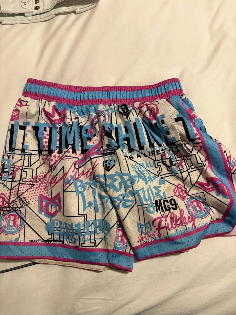Baseball Lifestyle Graphic Athletic Shorts in White, Pink & Blue